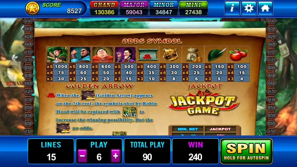Robin Hood odds symbol table with nine payouts, the Golden Arrow rule and a Jackpot Game panel
