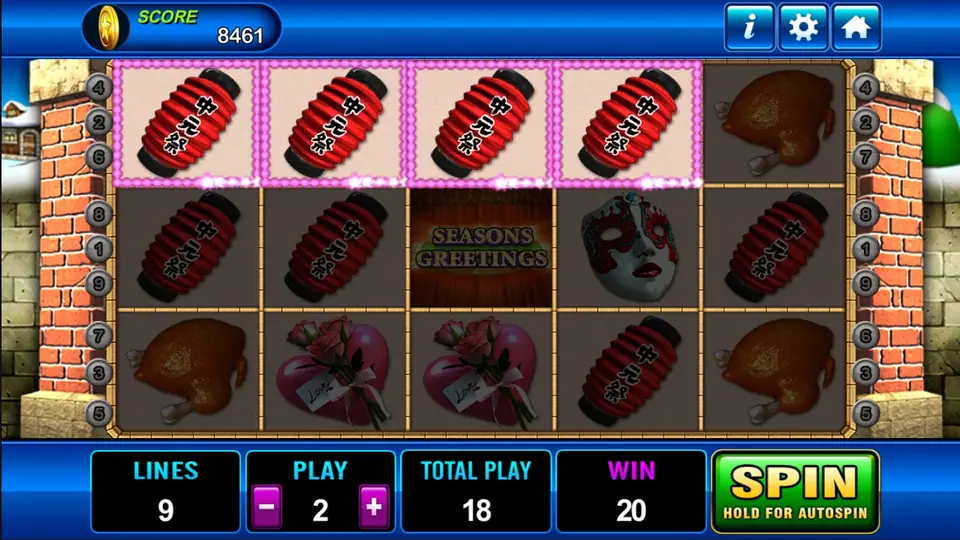 Seasons Greeting win with four red lanterns highlighted across the top row, a Seasons Greetings bonus tile in the centre and a WIN of 20