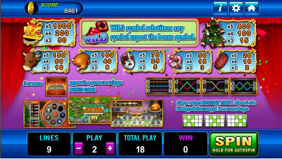 Seasons Greeting rules with payouts for eight symbols, a WILD panel, the bonus game trigger with previews, nine line diagrams and the Holiday Party cross patterns