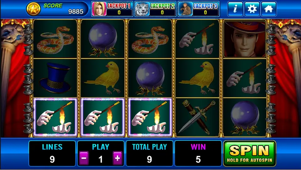 The Magician Plus win with three gloved-hand symbols highlighted along the bottom row and a WIN of 5