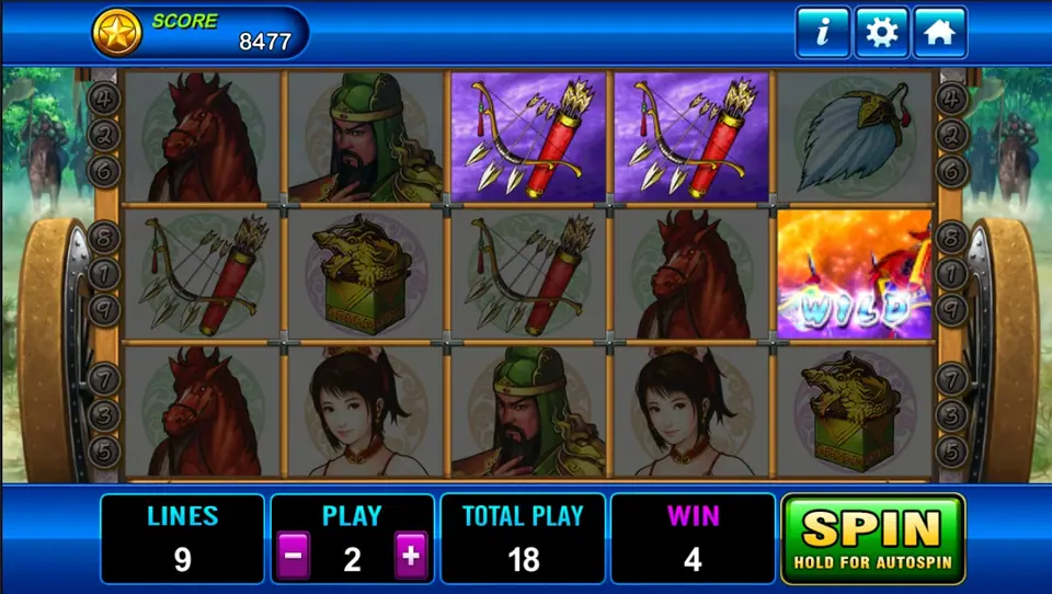 Three Kingdom win with two bow-and-quiver symbols highlighted in purple on the top row, a flaming WILD on the fifth reel and a WIN of 4