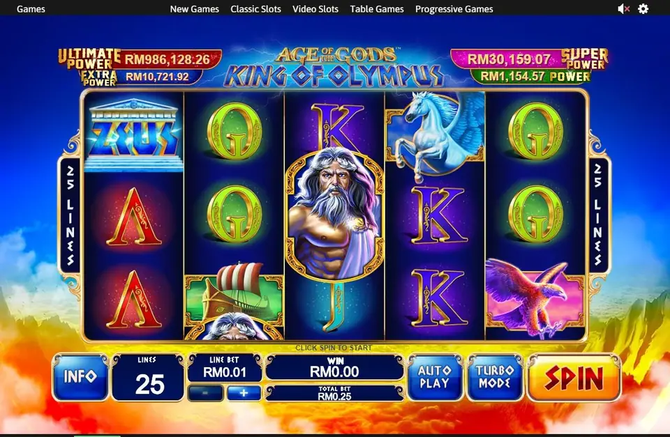 Age of the Gods King of Olympus reels with a Zeus portrait, a ZEUS temple logo, Pegasus, an eagle and a Greek ship, 25 lines, and four jackpot boxes at the top