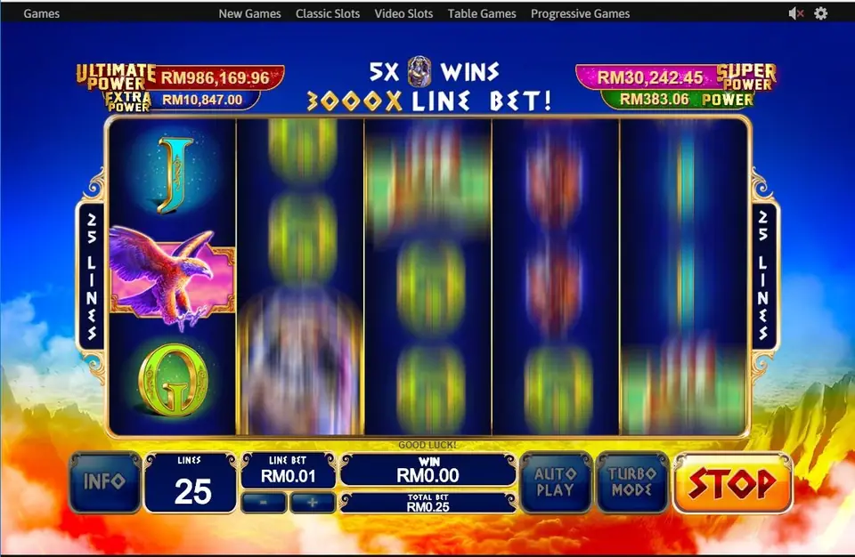 King of Olympus with the reels still spinning and a banner reading 5x Zeus wins 3000x line bet