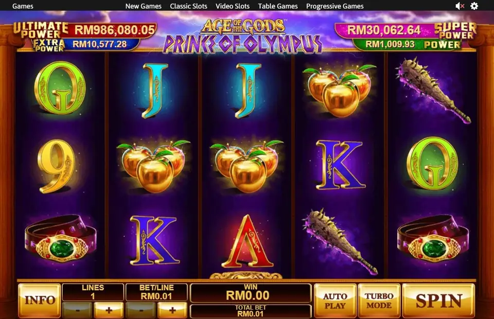 Prince of Olympus reels with golden apples, spiked clubs, jewelled belts and gold letters on purple, and four jackpot boxes above the title