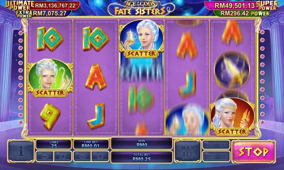 Fate Sisters mid-spin with three sister portraits marked SCATTER on reels 1, 3 and 5