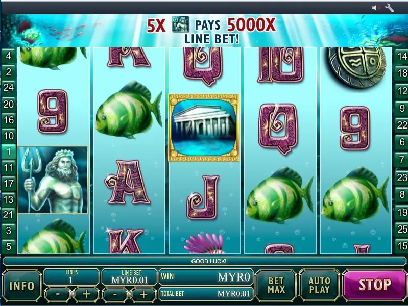 Atlantis Queen with a banner reading 5x pays 5000x line bet above the reels, the sea-god statue on reel 1 and the temple on reel 3