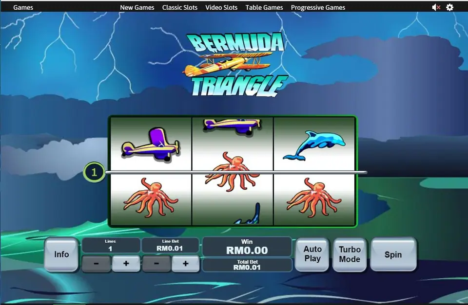 Bermuda Triangle slot with a biplane logo under lightning, three reels showing a purple plane, octopuses and a dolphin, and line 1 marked on the left