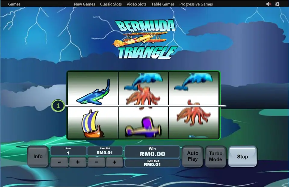 Bermuda Triangle mid-spin with a shark on reel 1, dolphins and octopuses on reels 2 and 3, and a sailing ship and a purple plane on the lower row