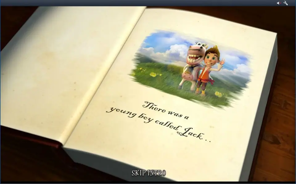 Opening storybook scene with a boy and a cow on a meadow and the line There was a young boy called Jack, with a Skip Intro option