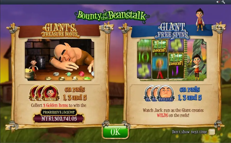 Bounty of the Beanstalk feature screen with the Giant's Treasure Bonus panel showing a sleeping giant and Jack, and the Giant Free Spins panel with locked wild reels