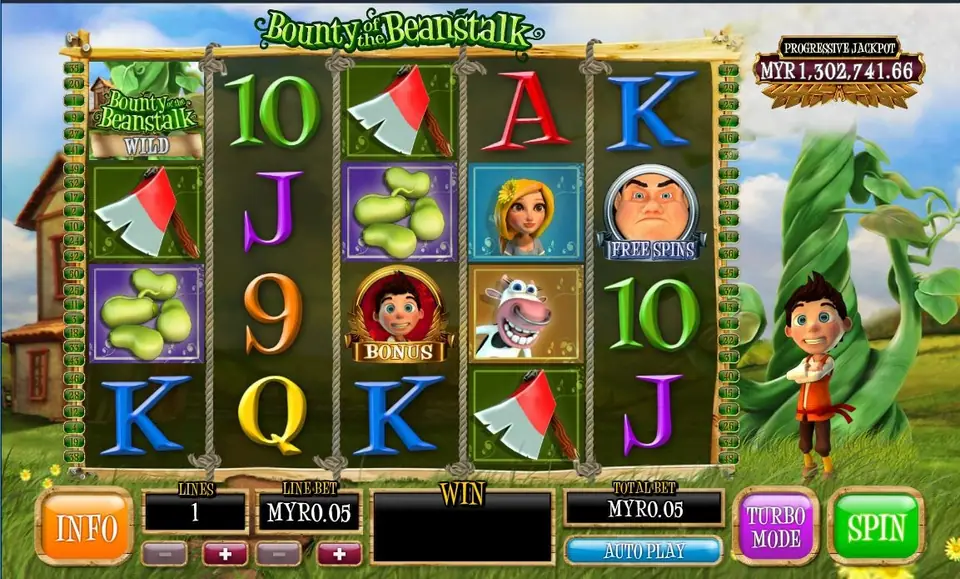 Bounty of the Beanstalk reels with an axe, beans, a girl, a cow, a giant FREE SPINS symbol, a Jack BONUS symbol and a Beanstalk WILD, and the progressive jackpot box at the top right