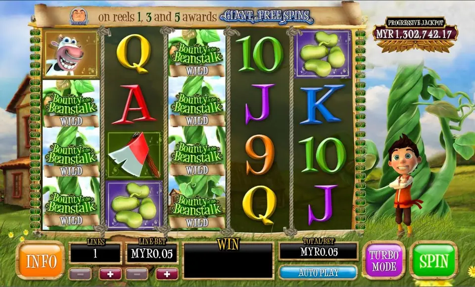 Giant Free Spins with reels 1 and 3 filled with stacked Beanstalk WILD symbols and a banner saying the giant symbol on reels 1, 3 and 5 awards Giant Free Spins