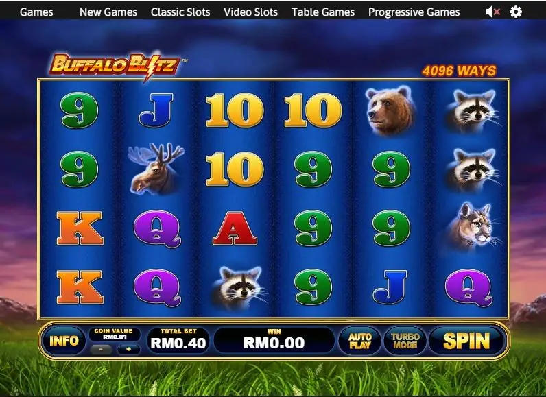 Buffalo Blitz six reels under a purple twilight sky with a bear, raccoons, a moose and a cougar among gold, green and red letters, and 4096 WAYS at the top right