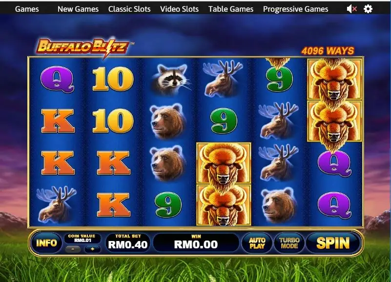 Buffalo Blitz with gold-framed buffalo stacked on reels 4 and 6 alongside bears, moose, raccoons and letters