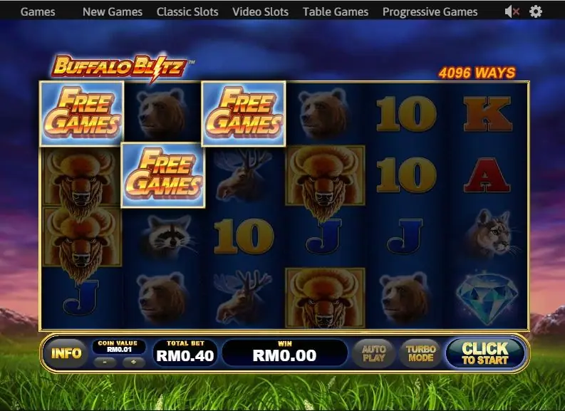Buffalo Blitz with three FREE GAMES scatter symbols on reels 1, 2 and 3 and a CLICK TO START button