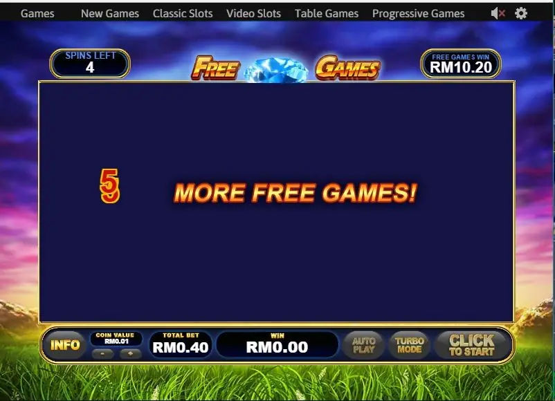 Free Games screen with 4 spins left, a message reading 5 MORE FREE GAMES and a free games win of RM10.20