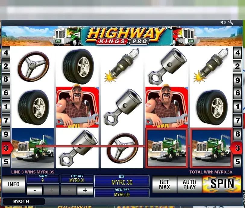 Highway Kings Pro with a truck driver symbol on reels 2 and 4 and a line 3 win marked in red across the bottom row
