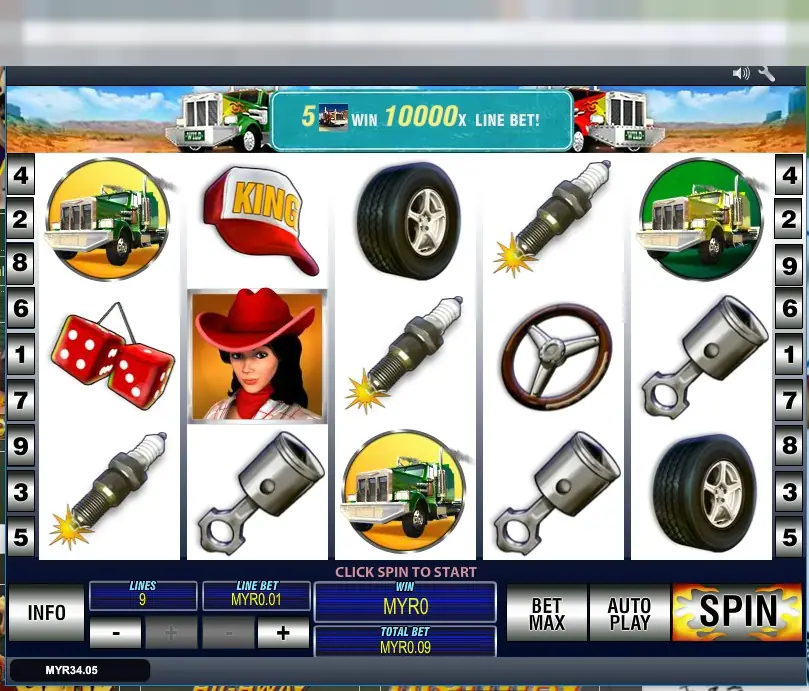 Highway Kings Pro reels with a scatter in a red cowboy hat on reel 2 and a top banner reading 5 trucks win 10000x line bet