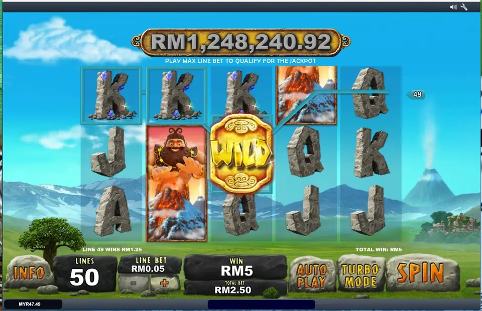 Jackpot Giant with a tall giant-and-volcano symbol on reel 3 next to a gold WILD on reel 4, and a win of RM5 in the WIN box
