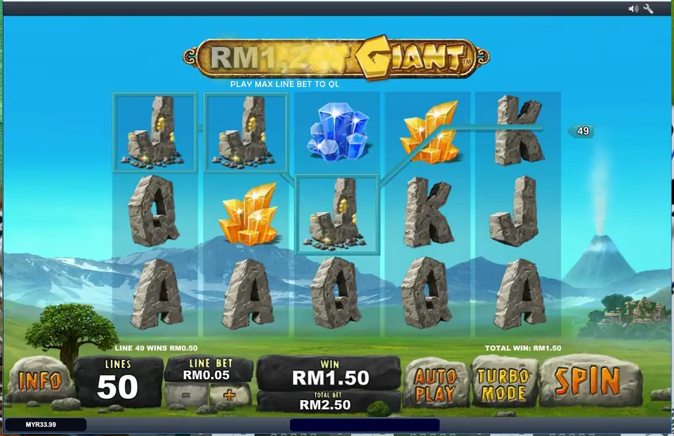 Jackpot Giant with gold and blue crystals lined up and the word GIANT flashing over the jackpot box, with a win of RM1.50