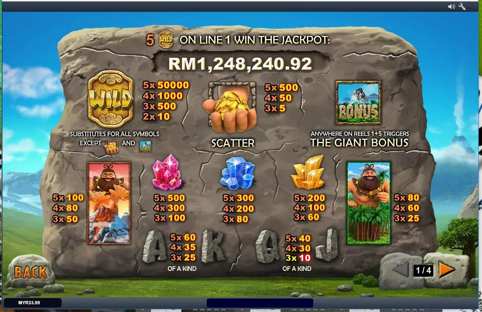 Jackpot Giant paytable page 1 of 4 carved on a stone slab, showing the WILD, the SCATTER hand of gold coins, the BONUS tile and pay values for giants, crystals and letters