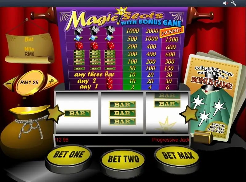 Magic Slots showing BAR symbols on the three reels and a scroll on the left with the current bet and win