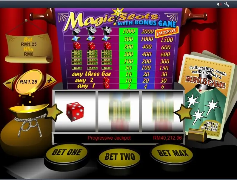 Magic Slots cabinet with a purple paytable listing hats, stars, dice and bar combinations, three reels below with a red die, and Bet One, Bet Two and Bet Max buttons