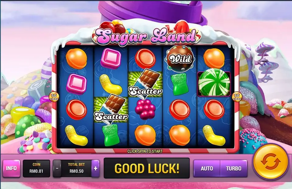 Sugar Land with two chocolate-bar Scatter symbols and a chocolate Wild on the reels