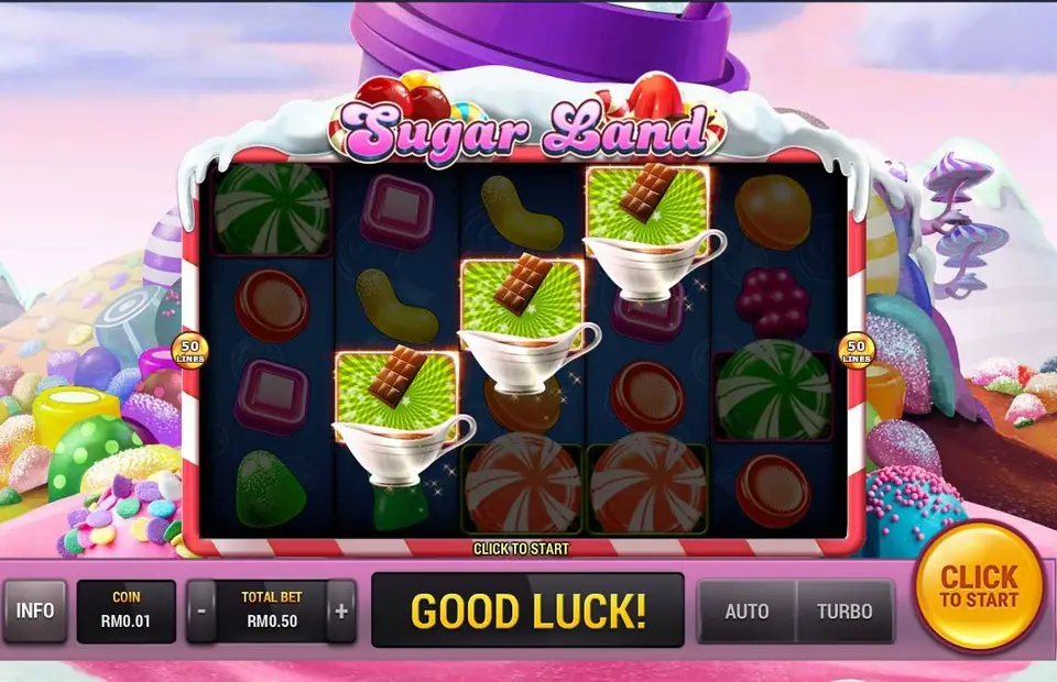 Sugar Land with three chocolate-bar scatters on reels 2, 3 and 4 animating into sauce boats, the rest of the reels dimmed and a CLICK TO START button