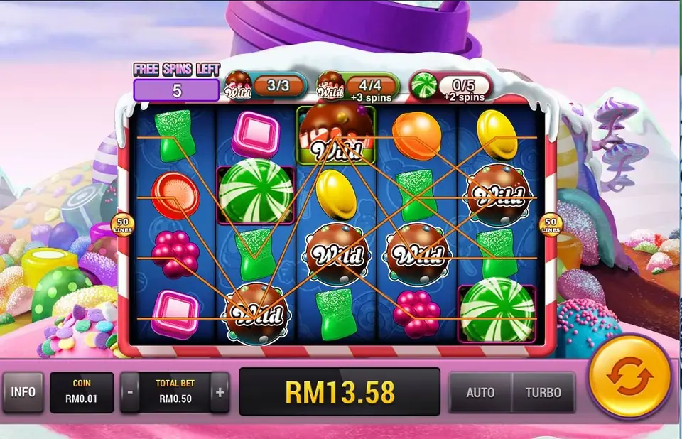Sugar Land free spins with 5 spins left, several chocolate Wild symbols on the reels, winning lines drawn across and RM13.58 in the win box
