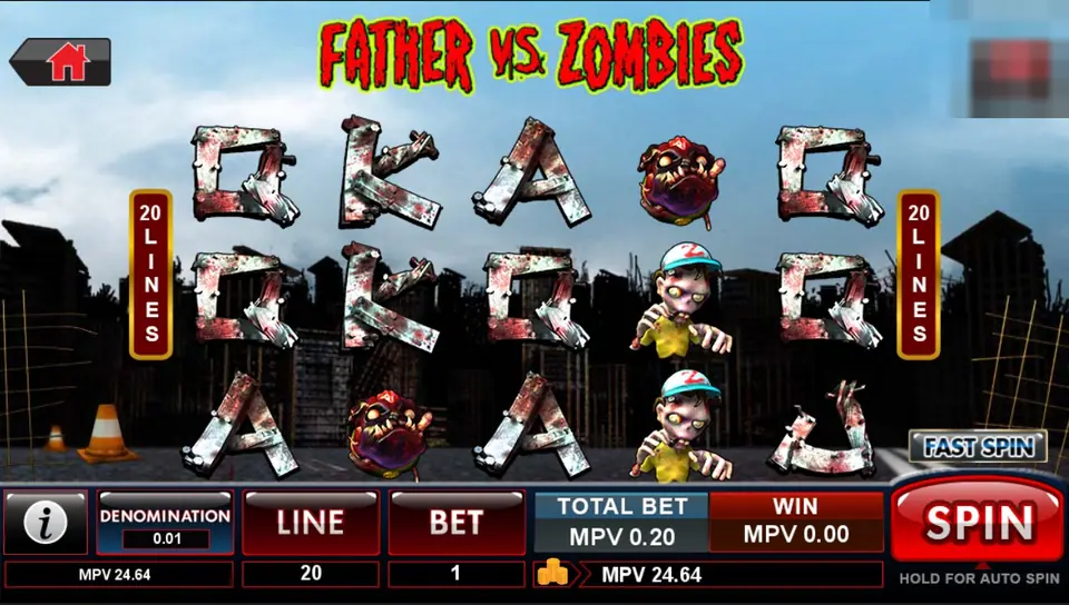 Father vs Zombies slot with bloodied Q, K and A letters made of nailed planks, a zombie head and a zombie boy in a cap on five reels, 20 lines, total bet 0.20 and a red SPIN button