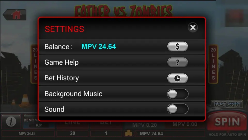 Father vs Zombies settings window with Balance, Game Help, Bet History, Background Music and Sound