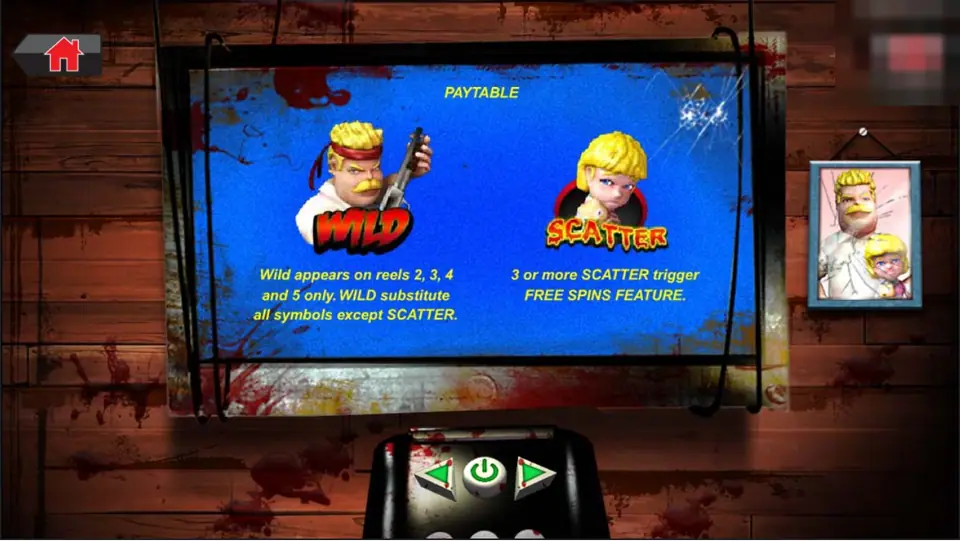 Father vs Zombies paytable page on a blue board showing the moustached father with a red headband as WILD and a blonde girl as SCATTER