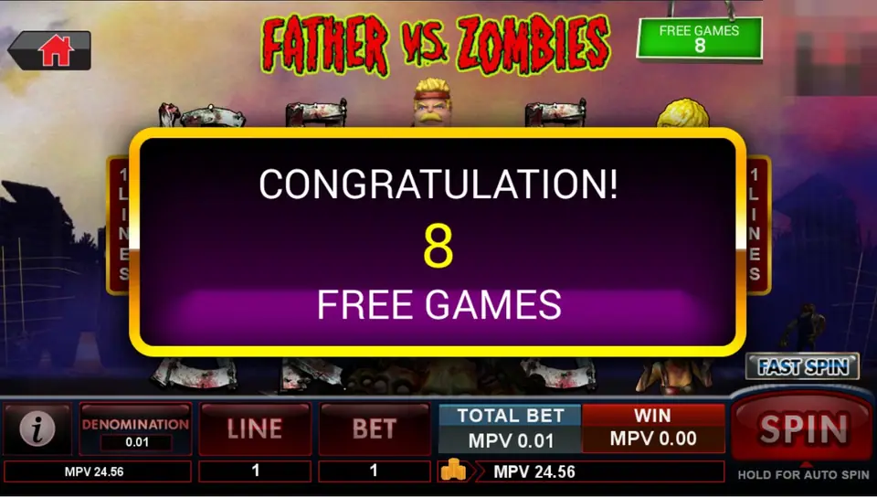 Congratulation box announcing 8 free games over the Father vs Zombies reels, with a FREE GAMES 8 counter at the top