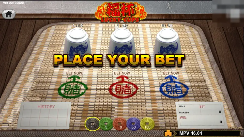 Fu Bei Lucky Cups table with three blue-and-white porcelain cups marked 1:1.9, green, red and blue bet circles, a History panel and chips of 1, 5, 10, 50 and 100