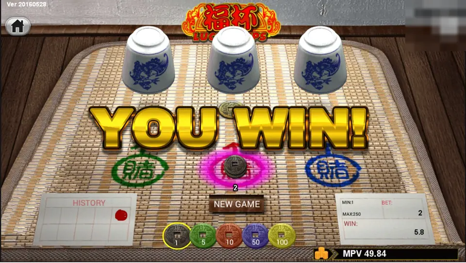 Fu Bei Lucky Cups after a round: YOU WIN! across the table, a coin in the red circle with a bet of 2, the side panel showing Bet 2 and Win 5.8, and a New Game button