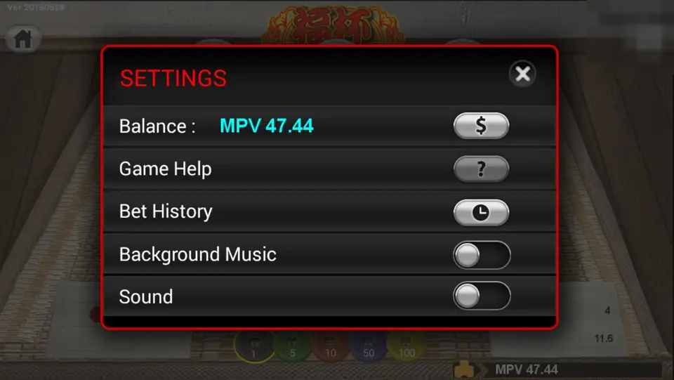 Fu Bei Lucky Cups settings window with Balance, Game Help, Bet History, Background Music and Sound
