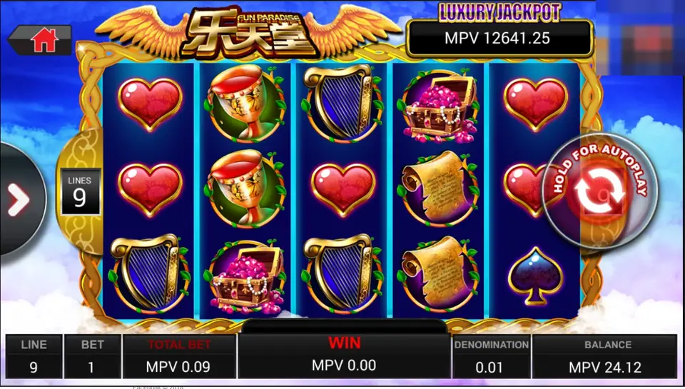 Fun Paradise slot with heart, diamond and spade symbols, golden chalices, a harp and a treasure chest on five reels, a Luxury Jackpot box and 9 lines