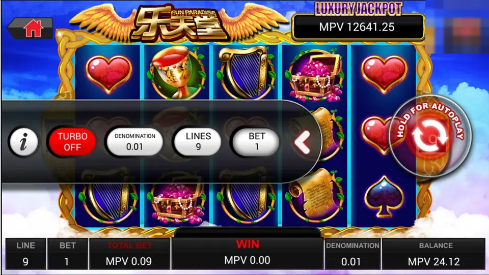 Fun Paradise with the side menu open, showing Turbo Off, Denomination 0.01, Lines 9 and Bet 1 buttons over the reels