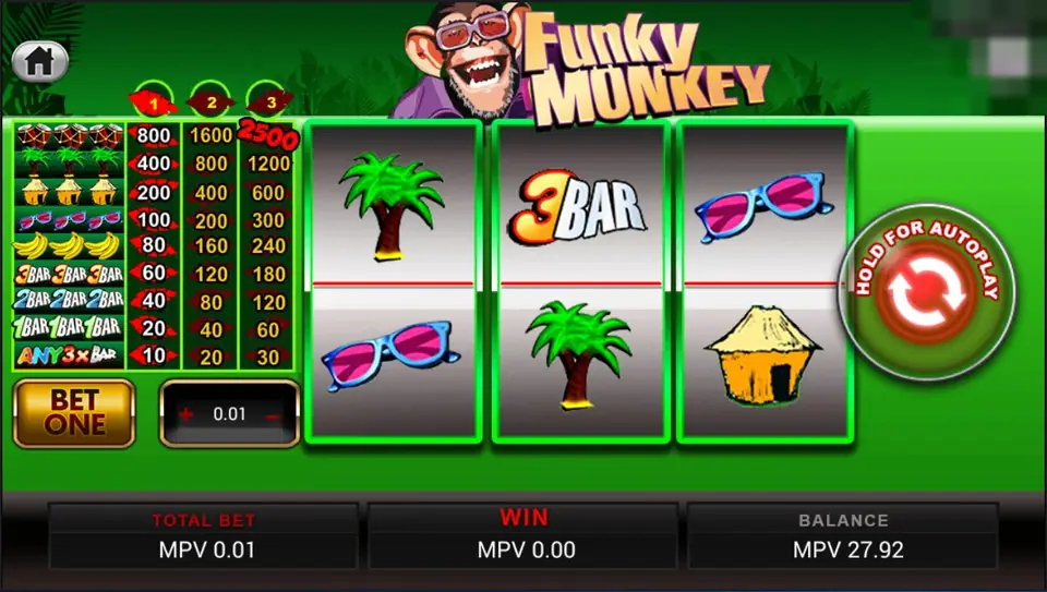 Funky Monkey at rest with palm tree, 3BAR, hut and sunglasses symbols on three reels, coin value 0.01 and a Bet One button