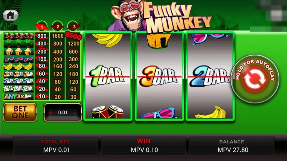 Funky Monkey slot with a grinning monkey in sunglasses, three reels showing 1BAR, 3BAR and 2BAR on the payline, a paytable with columns for 1, 2 and 3 coins and a Bet One button