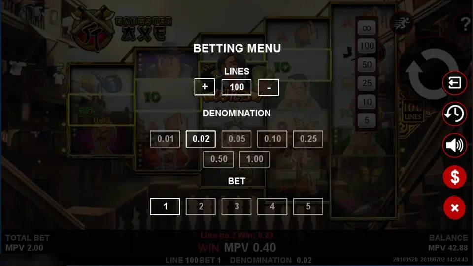 Gangster Axe betting menu over dimmed reels with Lines 100, denomination buttons from 0.01 to 1.00 with 0.02 selected, and Bet buttons 1 to 5