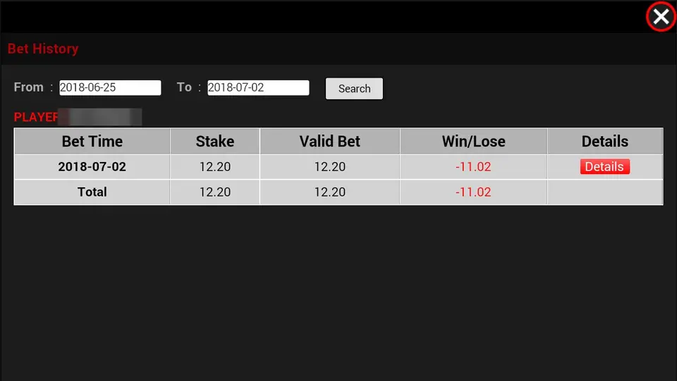 Gangster Axe bet history for 25 June to 2 July 2018, with one day's stake of 12.20, valid bet 12.20 and win/lose of -11.02