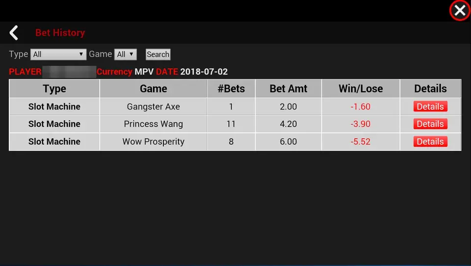 Bet history filtered by game type showing Gangster Axe, Princess Wang and Wow Prosperity with number of bets, bet amount and win/lose for each
