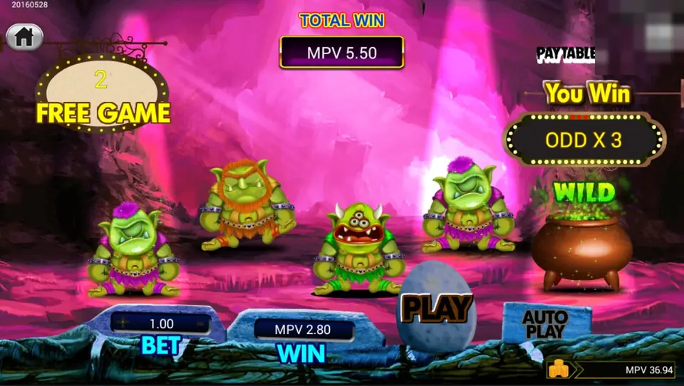 Goblin Treasure during free games, with a pink cave background, a 2 FREE GAME sign, four goblins and a wild cauldron, You Win and ODD X 3 on the right and a Total Win of 5.50