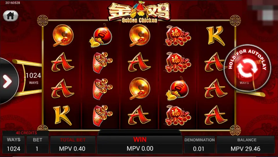 Golden Chicken slot on a red background with gongs, firecracker bundles, red envelopes, a red lantern and A and K letters on five reels of four rows, a 1024 WAYS box and a total bet of 0.40