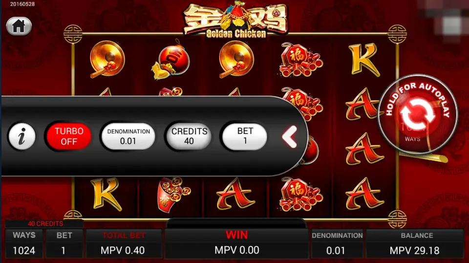 Golden Chicken with the side menu open, showing Turbo Off, Denomination 0.01, Credits 40 and Bet 1 buttons