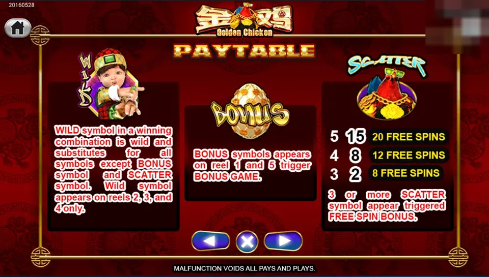 Golden Chicken paytable with a child in a cap as WILD, a gold egg as BONUS and a rooster as SCATTER paying 15, 8 and 2 for 5, 4 and 3