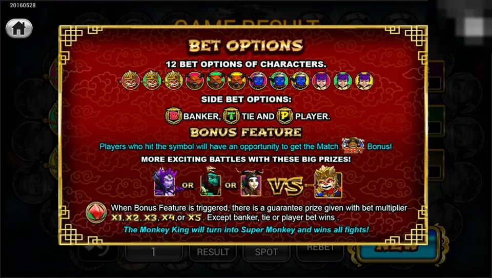Golden Journey Bet Options screen listing 12 character bets, Banker, Tie and Player side bets, a Match bonus and battle prizes with multipliers x1 to x5