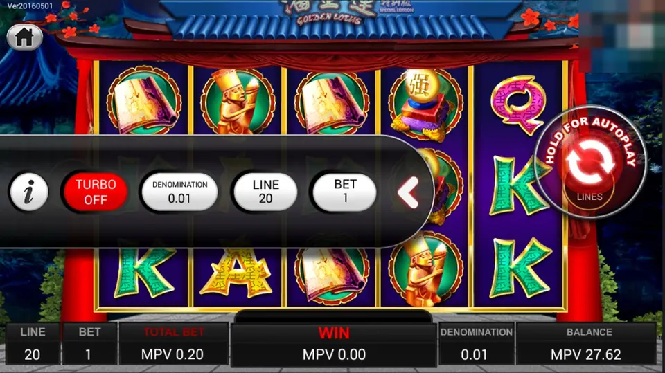 Golden Lotus with the side menu open showing Turbo Off, Denomination 0.01, Line 20 and Bet 1